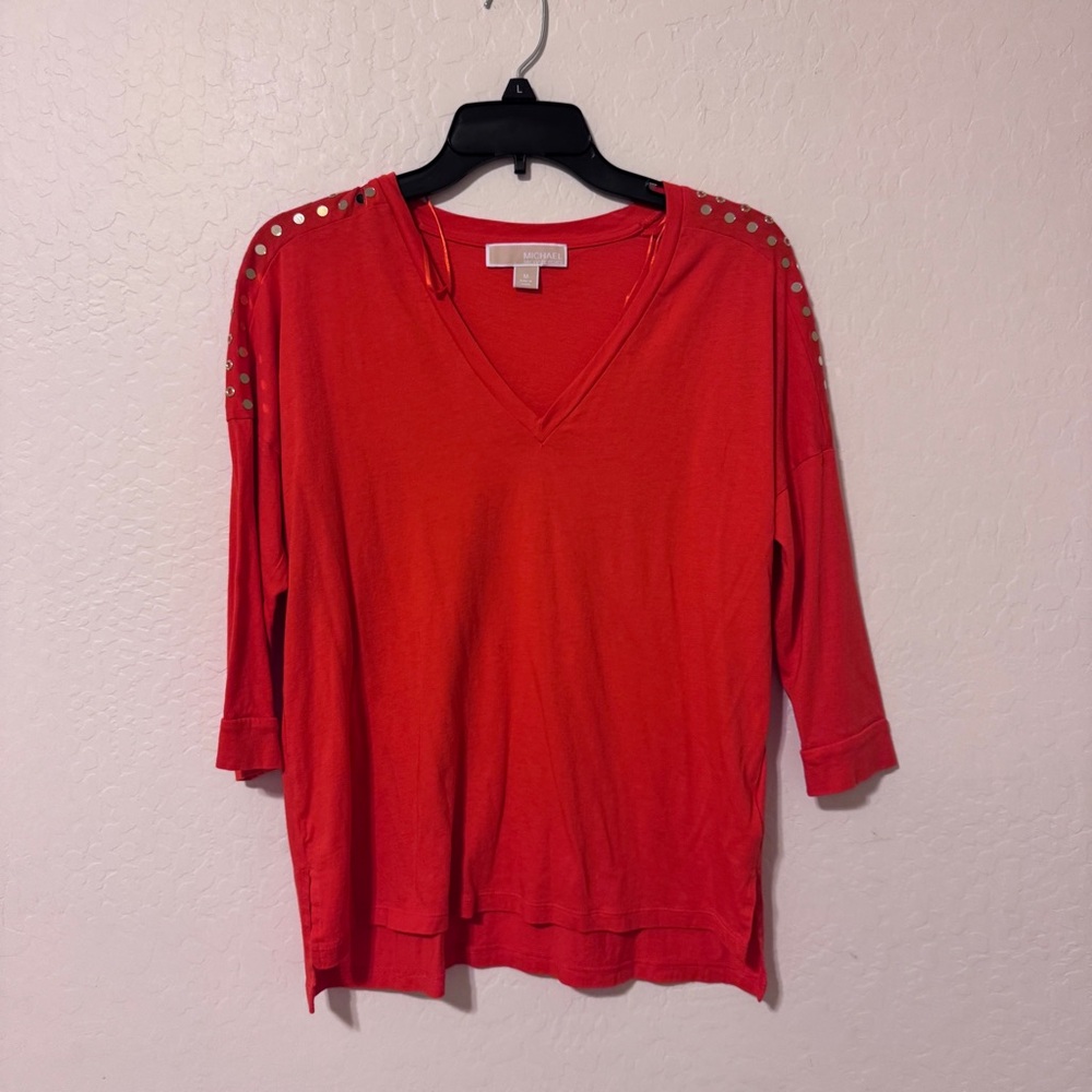 Michael Kors Red Long Sleeve Top with Studded Shoulders